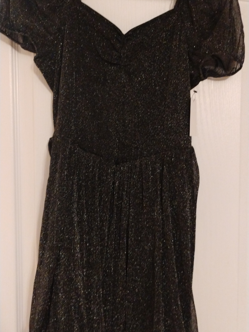 Girls' Sparkle Black Casual Dress with Puff Sleeves